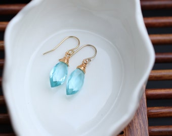 Rose gold earrings, light blue gold earrings, elegant jewelry, sky blue stone, quartz pendant, bridal earrings, wedding jewelry