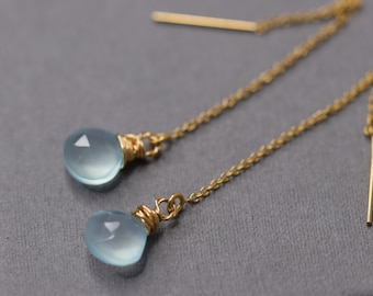 Ketting oorbellen, Aqua Chalcedoon, Lange oorbellen, Bungelen Ketting Oorbellen, Threader met Chalcedoon, 14K Goud Gevulde Threader, Chalcedoon