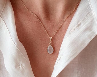 Shimmering Rainbow Moonstone Pendant in Gold, Delicate White Teardrop Jewelry, Birthstone Necklace for June (DE)
