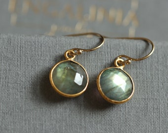 Labradorite earrings, gold earrings, round earrings, labradorite, gemstone earrings, gray stone, gray stone, gray, mini