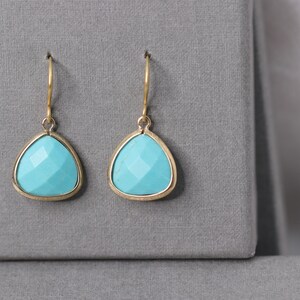 Silver earrings, triangle pendant, turquoise stone, mint, aqua blue, bridal earrings, wedding jewelry, small earrings, gift for her