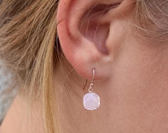 Earrings with rose-colored chalcedony glass pendant, rose gold earrings with crystal pendant