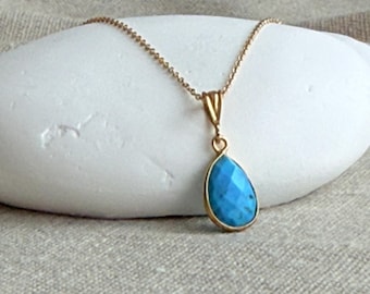 Turquoise Necklace Gold Filled • Blue Drop Pendant • Summer Boho Jewelry • December Birthstone DE •