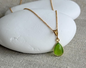 Green chalcedony necklace, gold filled, apple green teardrop pendant, peridot look, birthstone August DE