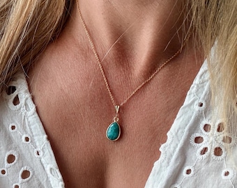 Emerald green corundum necklace, gold filled, green sapphire drop pendant, birthstone for May, gemstone drop pendant