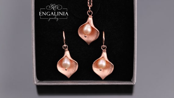 Ohrringe Set  Roségold  Lilie Calla Ohrringe Süßwasserperle Orchidee