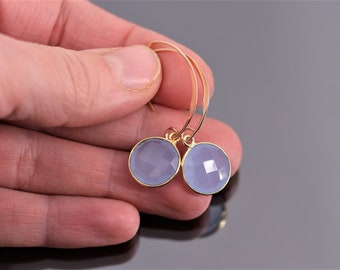 Gold-filled earrings, blue chalcedony, round pendant, long earrings, lilac, bridal earrings. Wedding jewelry, earrings for the bride
