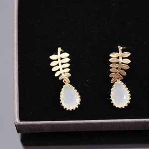 Gold stud earrings, milk glass, white, leaf plugs, silver studearrings, bridal earrings, wedding jewelry, fine jewelry, moonstone image 3