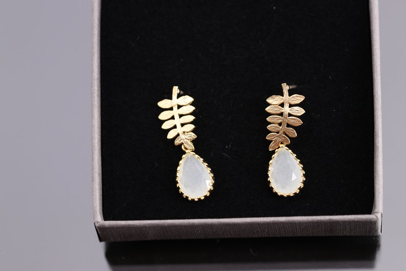 Gold stud earrings, milk glass, white, leaf plugs, silver studearrings, bridal earrings, wedding jewelry, fine jewelry, moonstone image 3