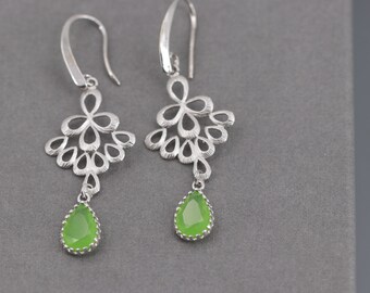 Brautschmuck, Silber Ohrringe, Vintage, Kristalle Brautohrringe, Hochzeitsschmuck, Peridot, grün, filigran, Ornament