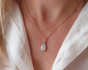 White Chalcedony Necklace, Gold Filled, Delicate White Drop Pendant, Minimalist Bridal Jewelry DE