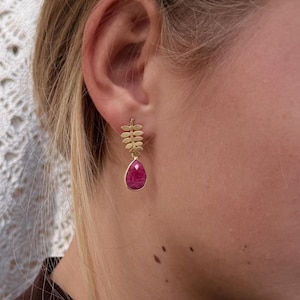 Edelstein Ohrstecker, Blattstecker, Gold  Ohrringe, Granat, Rubin, Brautohrringe, Hochzeitsschmuck, Edelstein Schmuck