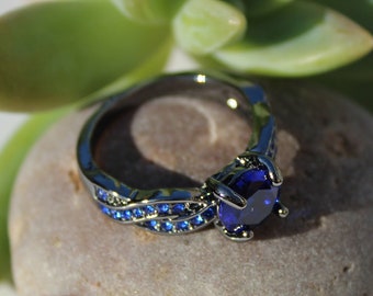 Blue Sapphire Black Rhodium Ring: Gothic Punk Jewelry, Size 9