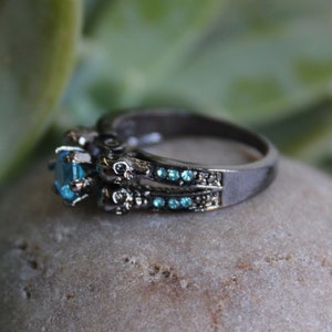 Aquamarine Sapphire Skull Ring: 10KT Black Gold Gothic Rocker Jewelry