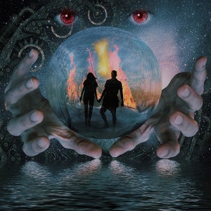 May include: Two silhouetted figures holding hands walk through a fiery landscape inside a crystal ball held by two large hands. The background is a dark, starry sky with two red eyes.