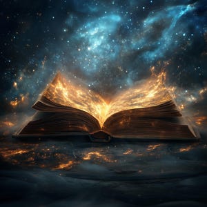 Puede incluir: Un libro abierto con páginas brillantes sobre un fondo de cielo nocturno estrellado azul oscuro. El libro está iluminado desde adentro, creando un efecto mágico.