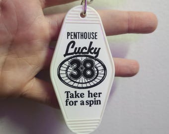 Lucky 38 Casino Penthouse Suite Retro Hotel Keychain, White, Handmade Custom Fallout Cosplay Accessory