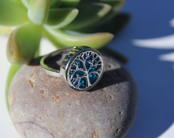 Blue Opal Tree of Life Silver Ring Size 10 - Sparkling Blues Eco-friendly Sustainably Hand Crafted Gift Gothic Punk Rocker Jewelry - SALE