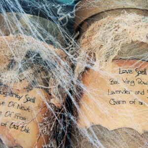 Two jars with handwritten labels and lids covered in cobwebs. The labels read "Prosperity Spell: Eye of Newt, Toe of Frog, Dust of Old Oak" and "Love Spell: Bat Wing Powder, Lavender and Sage, Charm of an Owl". This represents the ebooks that are included in this downloadable pack of rare witchcraft, magical, spell craft, and paganism books.