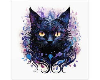 Magic Black Cat Square Indoor/Outdoor Sticker - 2" 3" 4" 5" 6" sizes - High Quality - Witchy Gift - Blue Purple Colors - Pet Animal Decal