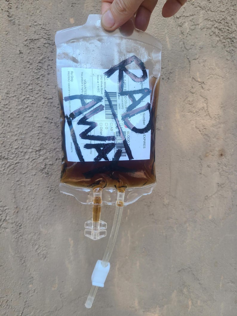 A Fallout prop RadAway bag showing the not weathered version of a label.