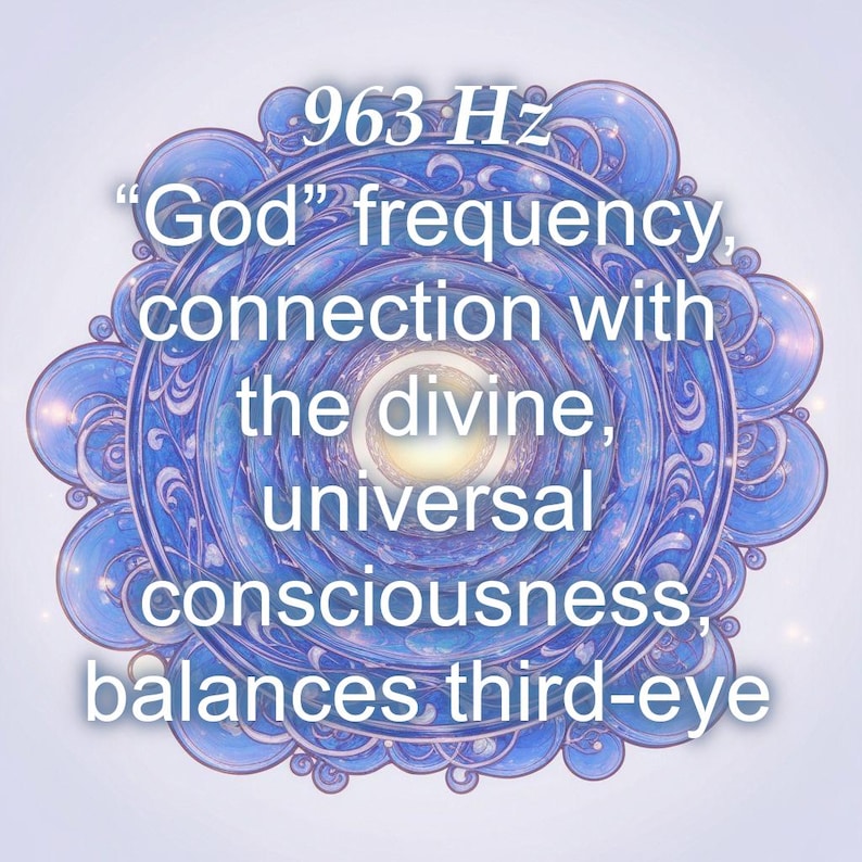 May include: A digital illustration featuring a blue mandala design with the text "963 Hz" and other text about frequency, connection, and consciousness. The design has a central light source.