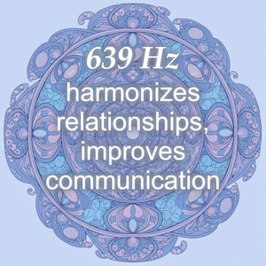 May include: A circular design in shades of blue and purple, featuring the text "639 Hz harmonizes relationships, improves communication." The design has an intricate, floral-like pattern, with a light blue background.