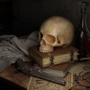 A still life image featuring a human skull resting on top of a stack of old books. These books represent the ebooks that are included in this downloadable pack of rare witchcraft, magical, spell craft, and paganism books.  A glass of red wine sits on a wooden table next to a bottle of wine and a silver pistol.