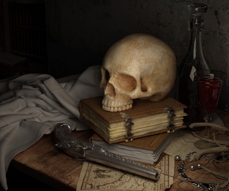 A still life image featuring a human skull resting on top of a stack of old books. These books represent the ebooks that are included in this downloadable pack of rare witchcraft, magical, spell craft, and paganism books.  A glass of red wine sits on a wooden table next to a bottle of wine and a silver pistol.