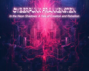May include: A book cover with a cyberpunk theme. The cover features a neon cityscape with a bright pink and blue glow. The title of the book is "Cyberpunk Frankenstein: In the Neon Shadows: A Tale of Creation and Rebellion." The author's name, "Elena Voxhart", is printed at the bottom of the cover.