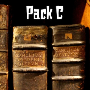 Close-up of three antique leather-bound books with gold lettering on the spines.  These books represent the ebooks that are included in this downloadable pack of rare witchcraft, magical, spell craft, and paganism books. The books are labeled "ZANCHIVS DE OPERIB. DIERVM" and "ZANCH: DE STATV: PECCA". The text "Pack C" is written in large, white letters above the books.