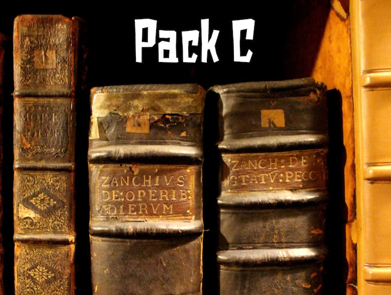 Close-up of three antique leather-bound books with gold lettering on the spines.  These books represent the ebooks that are included in this downloadable pack of rare witchcraft, magical, spell craft, and paganism books. The books are labeled "ZANCHIVS DE OPERIB. DIERVM" and "ZANCH: DE STATV: PECCA". The text "Pack C" is written in large, white letters above the books.