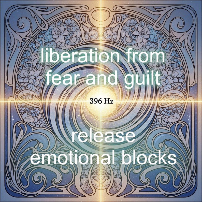 May include: An artistic digital image with a central spiral design, surrounded by floral and wave patterns in shades of blue and white. The text reads "liberation from fear and guilt", "396 Hz", and "release emotional blocks".