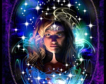 May include: A digital painting of a person with long blonde hair and a crescent moon symbol on their forehead. The person is surrounded by a swirling blue and purple light with white stars.