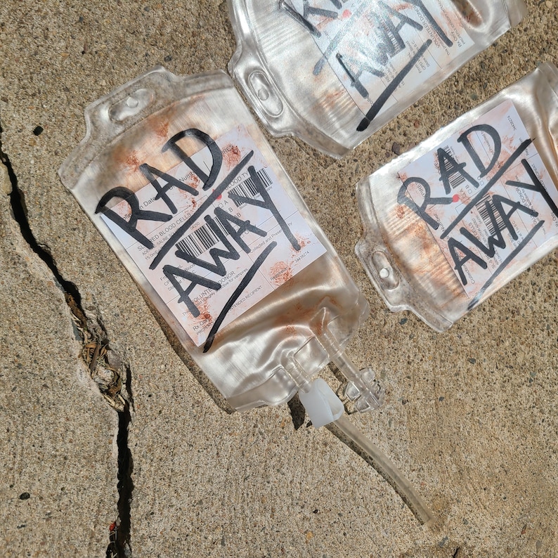 Three empty weathered Rad Away bags.