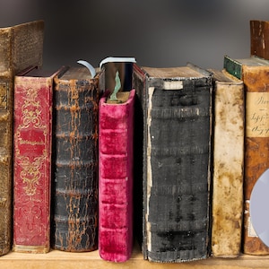 May include: A shelf of antique books with leather covers, some with gold lettering, and a silver CD in the foreground.