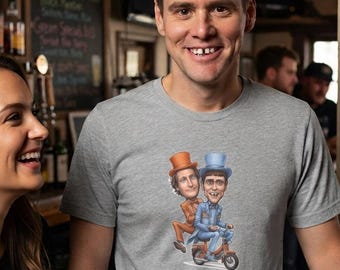Dumb and Dumber Moped Fun 90s Vintage Caricature Cartoon Cotton Tee - Choose Color and Size