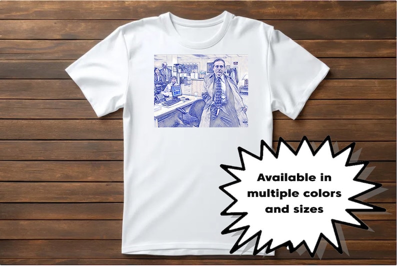 K&ouml;nnte beinhalten: Wei&szlig;es T-Shirt mit einem blauen und wei&szlig;en Bild eines Mannes im Anzug und Krawatte, der in einem B&uuml;ro steht. Der Text "Erh&auml;ltlich in mehreren Farben und Gr&ouml;&szlig;en" befindet sich auf einem wei&szlig;en Stern.