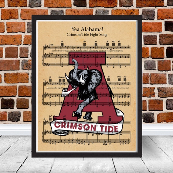 Alabama Crimson Tide Vintage Logo Roll Tide Yea Alabama Fight Song Sheet Music Print Framed Art Gift College Football National Champions