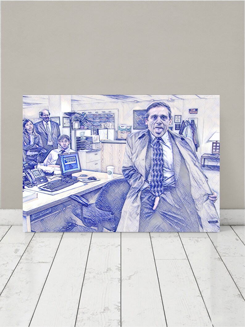 K&ouml;nnte beinhalten: Eine blaue und wei&szlig;e Bleistiftzeichnung eines Mannes, der in einem B&uuml;ro seine Zunge herausstreckt. Er tr&auml;gt einen braunen Mantel, eine blau-wei&szlig; gemusterte Krawatte und ein wei&szlig;es Hemd. Im Hintergrund sind weitere Personen zu sehen.