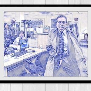 May include: A blue and white pencil sketch of a scene from the TV show "The Office".  The character Michael Scott is standing in the office, wearing a suit and a tie, with his tongue sticking out.  Two other characters are sitting at a desk in the background.