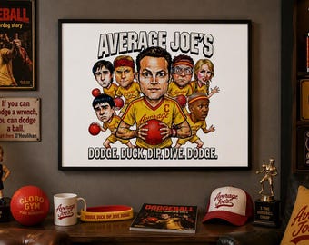 Dodgeball Average Joes 90s inspired Caricature Print Funny Man Cave Decor, Purple Cobras 5 Ds Dodge Dip Dive Duck Retro Style Free Shipping