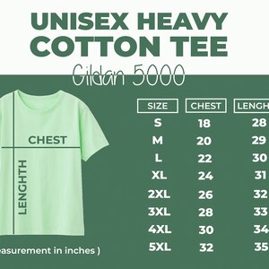 K&ouml;nnte beinhalten: Gr&ouml;&szlig;entabelle f&uuml;r ein Unisex-Heavy-Cotton-T-Shirt von Gildan 5000. Die Tabelle zeigt Brust- und L&auml;ngenma&szlig;e in Zoll f&uuml;r die Gr&ouml;&szlig;en S bis 5XL.