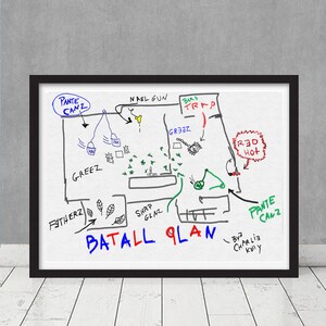 May include: A hand-drawn battle plan with green, blue and red text. The plan includes the words "Pante Canz", "Bare Trap", "GREEZ", "FITHERZ", "SHRP GLAZ", "BATALL GLAN", and "RED HOT".