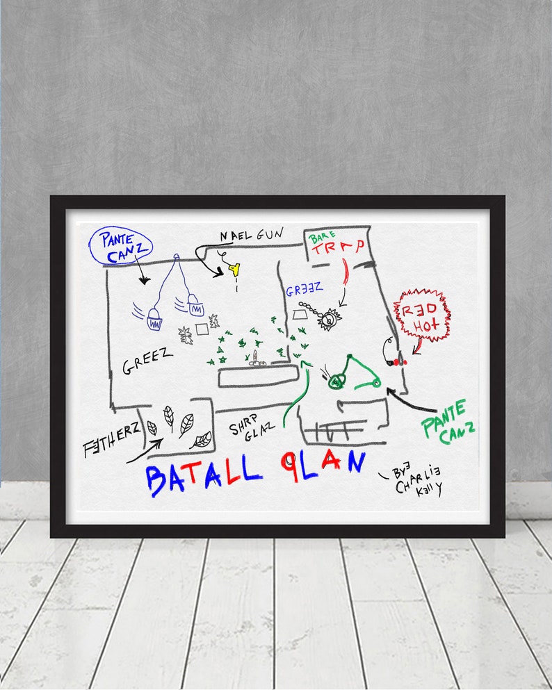 May include: A hand-drawn battle plan with green, blue and red text. The plan includes the words "Pante Canz", "Bare Trap", "GREEZ", "FITHERZ", "SHRP GLAZ", "BATALL GLAN", and "RED HOT".