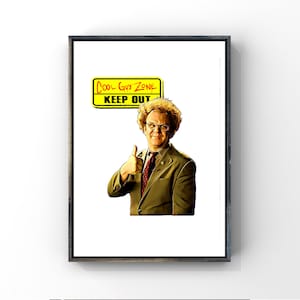 May include: A framed print featuring a cartoon illustration of a man with curly hair and glasses giving a thumbs up. The man is wearing a brown suit and a tie. A yellow sign with black text reads "Cool Guy Zone Keep Out".