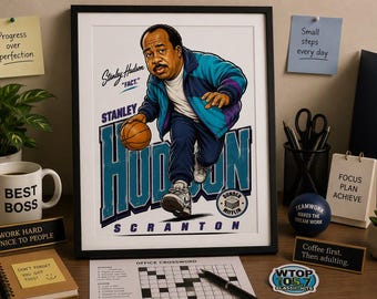 Stanley Hudson Basketball Print, Office TV Show Inspired Wall Art, Funny Man Cave Decor, Retro 90s Sports Caricature Poster, Dunder Gift