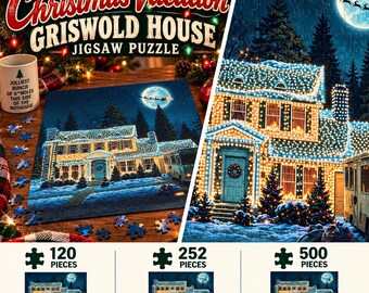 May include: A Christmas Vacation Griswold House jigsaw puzzle featuring a house covered in Christmas lights, a snowy yard, and a full moon with Santa's sleigh. Available in 120 pieces at 8x10 inches, 252 pieces at 11x14 inches, or 500 pieces at 16x20 inches.