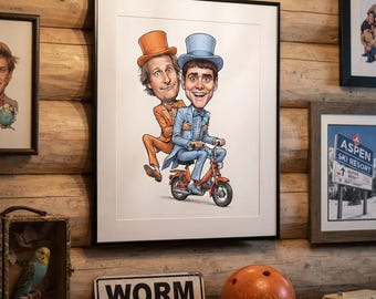 Dumb and Dumber 90s Caricature Cartoon Tuxedo and Moped Poster Art Wall Decor Print