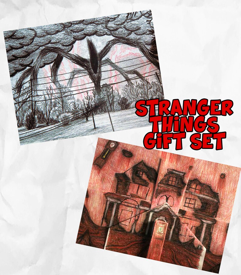 Stranger Things Will's Drawing Shadow Monster Replica Prop Netflix Show The Upside Down Hawkins Framed Print Halloween Creel House Season 4 Set of 2